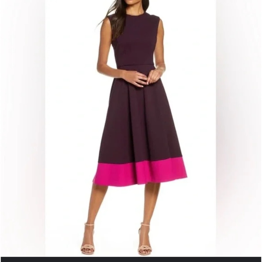 Eliza J Contrast Hem Sleeveless Midi Dress Maroon Pink Fit And Flare Formal